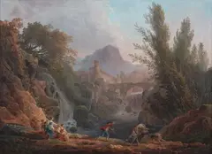 French School 18th century, Two Southern Landscapes with Bridges and Staffage, Oil on canvas (relined)