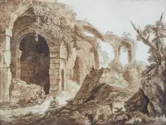 Jacob Philipp Hackert, In the ruins of the Colosseum, Pen and brush in brown over pencil