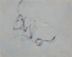 Cow lying to the Left by Jacob Philipp Hackert, Black chalk, heightened with white on light blue toned paper, sold Nov 2024