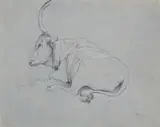 Jacob Philipp Hackert, Cow lying to the Left, Black chalk, heightened with white on light blue toned paper