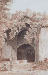 At the Maecenas Villa in Tivoli by Jacob Philipp Hackert, Pen and brush in brown over pencil, sold Nov 2024