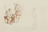 Adrian Zingg, Sketch with praying peasant family and promenading couples, Brush and pen in brown, pencil