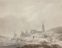Andreas Schelfhout, Coastal Landscape with Village and some Figures, Brushes in grey and brown on paper