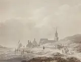 Andreas Schelfhout, Coastal Landscape with Village and some Figures, Brushes in grey and brown on paper