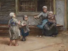 Bernard Blommers, Mother with her children jumping rope, Gouache