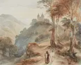 Karl Friedrich Lessing, Mountain Landscape with Abbey, a Priest and His Altar Boy on their Way to offer the Sacrament, Watercolour