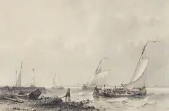 Abraham Hulk, Coastal Landscape with Boats and Sailboats, Pen and brush in black and grey, and ink in white