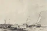 Abraham Hulk, Coastal Landscape with Boats and Sailboats, Pen and brush in black and grey, and ink in white