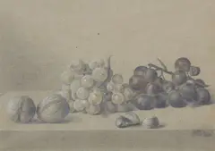 Emilie Preyer, Still life with Grapes and Nuts, Chalk in black, brown and white on tinted paper