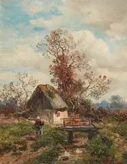 Anton Burger, Farmstead by a Stream, Oil on canvas