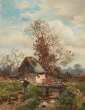 Anton Burger, Farmstead by a Stream, Oil on canvas