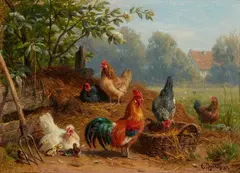 Carl Jutz the Elder, Cockerel and Chickens in a Landscape, Oil on panel