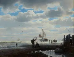Andreas Achenbach, Beach with Fishermen and Sailing Boat, Oil on canvas (relined)