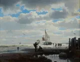 Andreas Achenbach, Beach with Fishermen and Sailing Boat, Oil on canvas (relined)