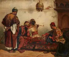 Albert Joseph Franke, Oriental Men Playing Chess, Oil on panel