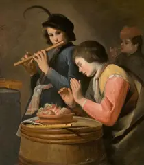 Theodor Rombouts, Two Young Flute Players at a Brazier and a Smoker, Oil on canvas (relined)