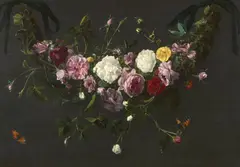 Daniel Seghers, A Garland of Roses and Ivy Hanging from Green Ribbons and a Butterfly, Oil on canvas (relined)
