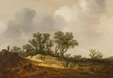 Jan van Goyen, Dune Landscape with Trees, Figures and a Farmhouse, Oil on panel (parquetted)