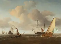 Willem van de Velde the Younger, A Dutch Bezan Yacht in a Fresh Breeze with Other Shipping, Oil on panel