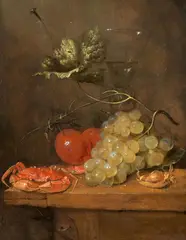G. van Deynum, Still Life with Oranges, Grapes, a Crab, a Hazelnut and a Wine Glass on a Table, Oil on panel