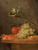 G. van Deynum, Still Life with Oranges, Grapes, a Crab, a Hazelnut and a Wine Glass on a Table, Oil on panel