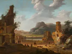 Daniel van Heil, Large Southern Landscape with Ruins, a Village on a Lake and Staffage, Oil on canvas (relined)