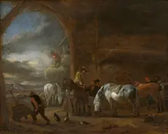 Interior of a Stable with Horsemen and Horses by Philips Wouwerman, Oil on panel, sold Nov 2024