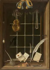 Georg Hinz, Trompe-l'œil with window niche, sponge and writing props, Oil on canvas, mounted on thin wooden panel