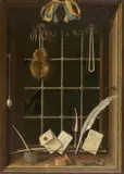 Georg Hinz, Trompe-l'œil with window niche, sponge and writing props, Oil on canvas, mounted on thin wooden panel