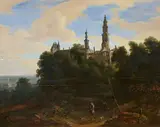 View of the Old Hôtel de Nassau in Brussels with two Falconers and Dogs in the Foreground by David Teniers the Younger Jacques d'Arthois, Oil on panel (parquetted), sold Nov 2024
