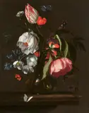 Simon Pietersz Verelst, Still Life with a Tulip, Peonies, Poppies, Delphinium and Anemones in a Glass Vase and a Butterfly, Oil on canvas (relined)