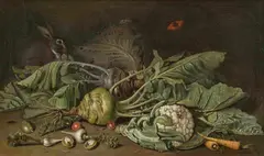 Vegetable Still Life with a Rabbit
Vegetable Still Life with a Guinea Pig by Jakob Samuel Beck, Oil on canvas, sold Nov 2024