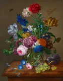 Johann Baptist Drechsler, Carnations, Mallows, Delphiniums, Tulips and Flowering Obscenia in a Glass Vase on a Stone Plinth, with a Bunch of Grapes and Two Butterflies, Oil on panel