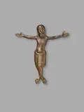 Maasland, A 12th century bronze Corpus Christi, presumably Maas Region, Cast and engraved bronze with old patina. Depicting Christ crucified with four nails with His arms stretched out horizontally, His head turned to one side and in a slightly swaying pose. Minimal wear. Mounted on a velvet covered plaque