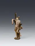South German around 1750, A mid-18th century South German carved fruitwood figure of St Sebastian, Carved in the round and partially freestanding, the right forearm separately attached. With extensive remains of original polychromy and gilding. Small, finely carved sculpture depicting the saint with his hands bound to a tree in a writhing attitude, suffering his martyrdom. The index finger of the right hand lacking. Minor wear with losses to the polychromy