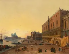 Friedrich Nerly, View from the Riva degli Schiavoni over the Bacino di San Marco towards Santa Maria della Salute at Sunset, Oil on canvas (relined)