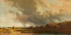 Carl Spitzweg, Isar landscape (storm clouds over the Isar), Oil on panel (possibly from a cigar box)
