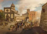 Oswald Achenbach, Santa Caterina a Formiello and Porta Capuana in Naples, Oil on canvas (relined)