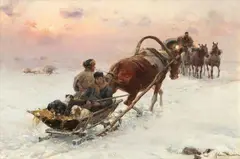 Alfred von Wierusz-Kowalski, Evening Sleigh Ride with Dogs, Oil on panel