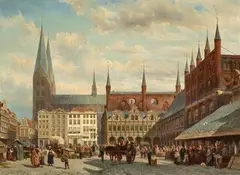 Cornelis Springer, View of Lübeck Market, 1870, Oil on canvas