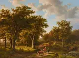 Barend Cornelis Koekkoek, Forest Landscape with Shepherds and Cattle, Oil on canvas