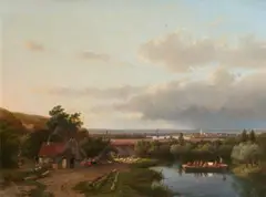 Andreas Schelfhout, Summer Landscape with a River Ferry, Oil on panel