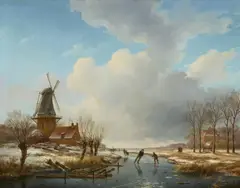 Dutch Canal Boats in Winter by Andreas Schelfhout, Oil on canvas (edges relined), sold Oct 2024