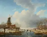 Andreas Schelfhout, Dutch Canal Boats in Winter, Oil on canvas (edges relined)