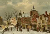 Willem Koekkoek, Busy Square in Rotterdam, Oil on canvas