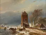 Andreas Schelfhout, Tower by a Frozen Canal, Oil on panel