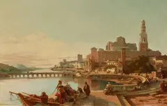 François Bossuet, Fishermen and Figures on the Banks of the Guadalquivir with a View of the Roman Bridge and the Mosque of Cordoba, Oil on canvas