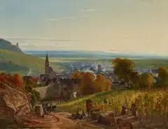 Christian Morgenstern, Landscape with Travellers – View of Riebeauvillé in Alsatia, Oil on canvas (relined)