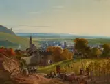 Christian Morgenstern, Landscape with Travellers – View of Riebeauvillé in Alsatia, Oil on canvas (relined)