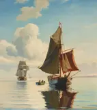 Carl Johann Neumann, Sailing Boats on Calm Seas, Oil on canvas